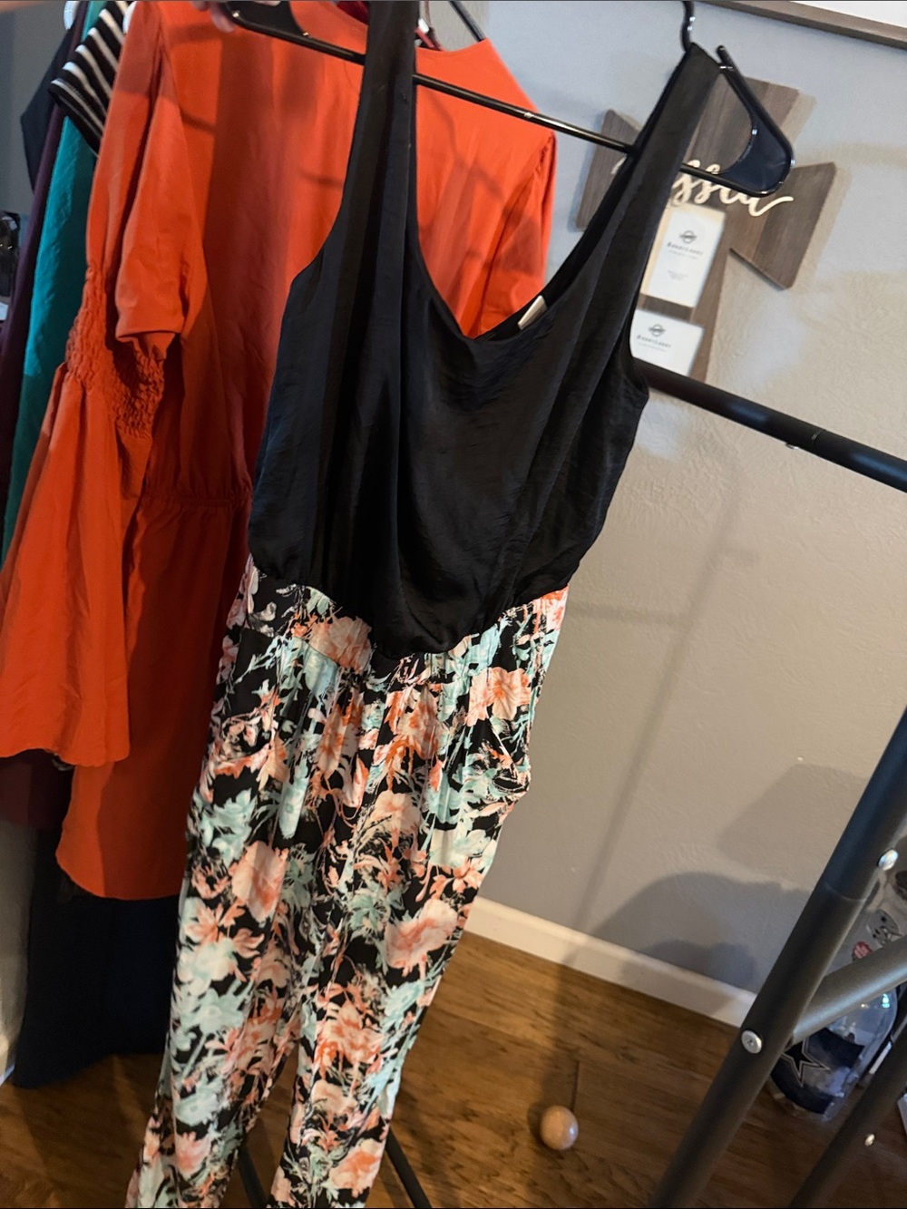 Charlotte Russe Black & Coral Floral Sleeveless Jumpsuit